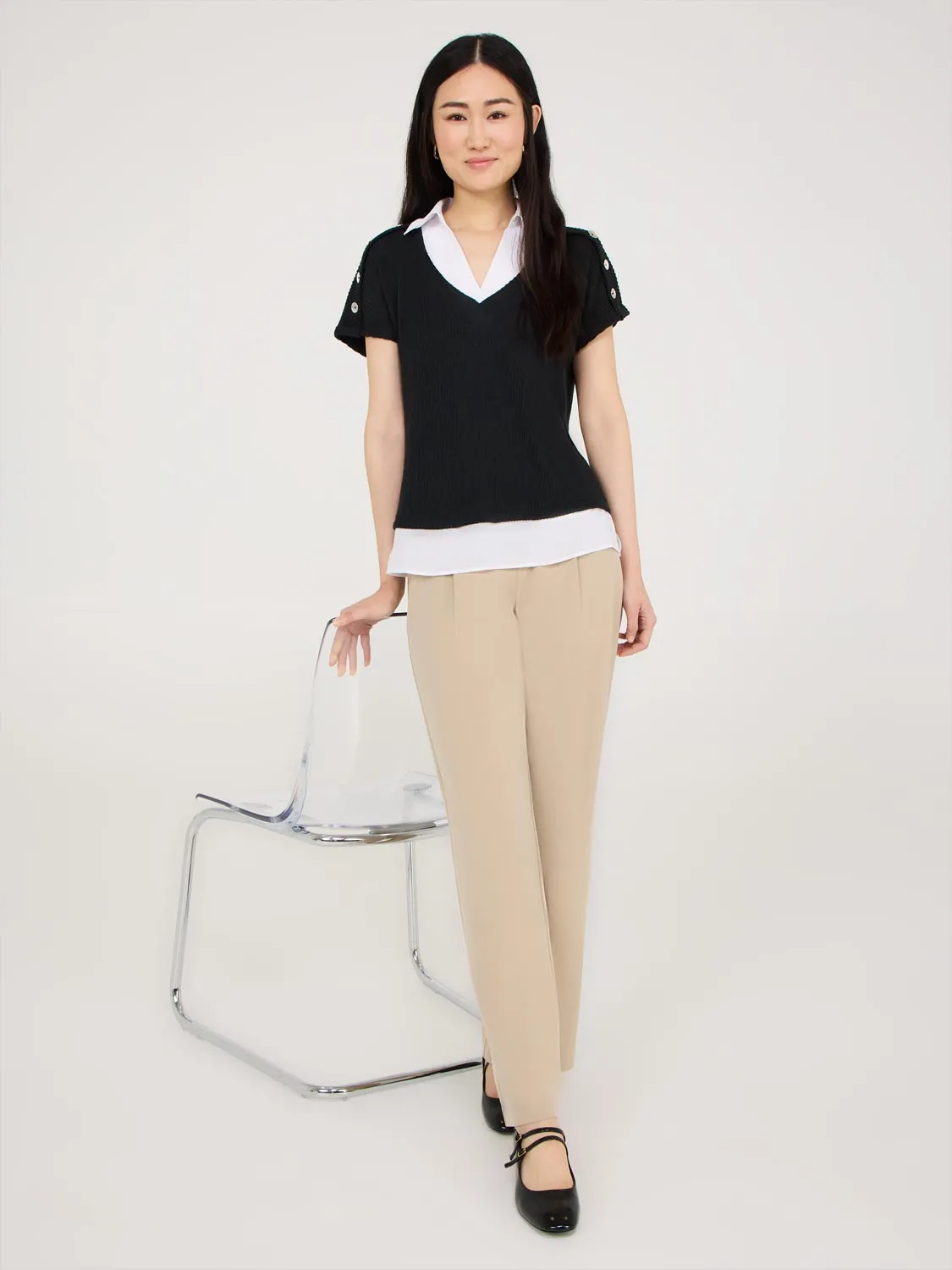 2-Fer Short Sleeve Top With Chiffon Blouse