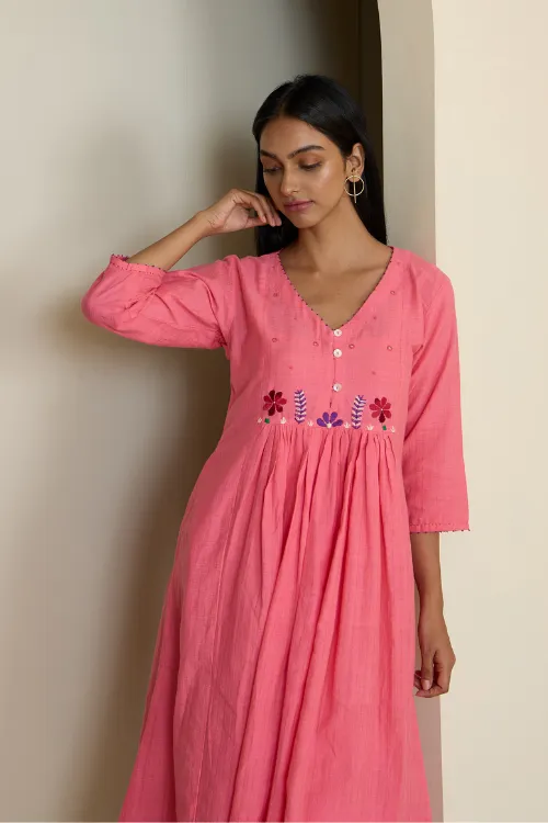 Bebaak Dia Floral Handwoven & Hand Embroidered Gather Dress