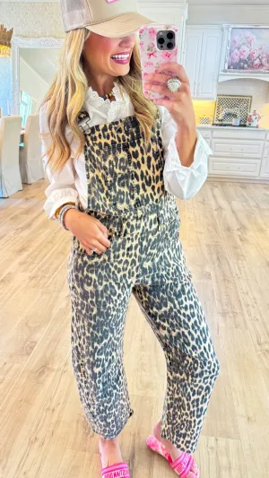 Chestnut Leopard Print Barrel Overalls