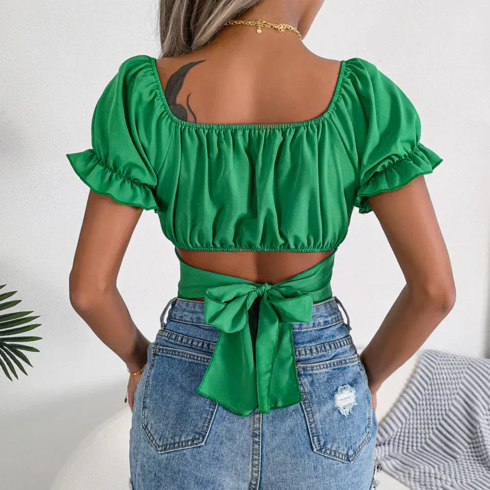 Chic Short Sleeve Chiffon Crop Top for Summer