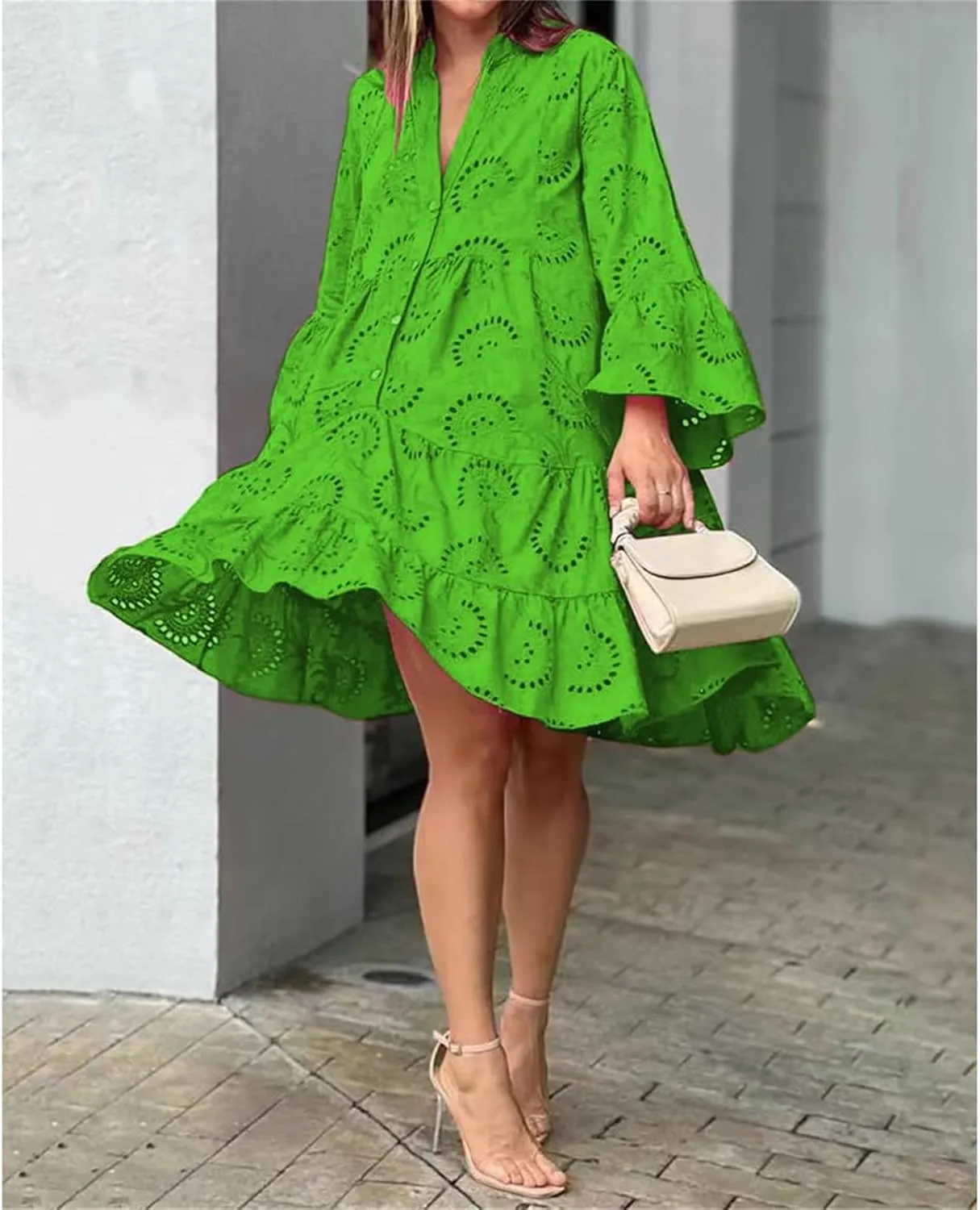 Floral Dress for Women Long Sleeve Summer Midi Dresses V Neck Boho Dresses Beach Vacation Flowy Sundress Lightweight