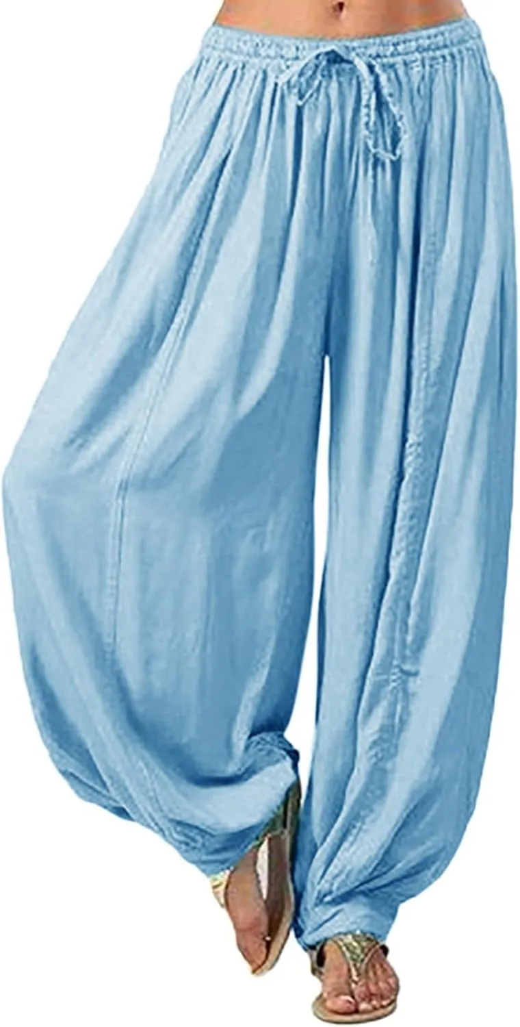 GIERIDUC Womens Baggy Linen Pants Casual Boyfriend High Rise Wide Leg Harem Trousers Loose Fit Y2K Trendy Pants with Pockets