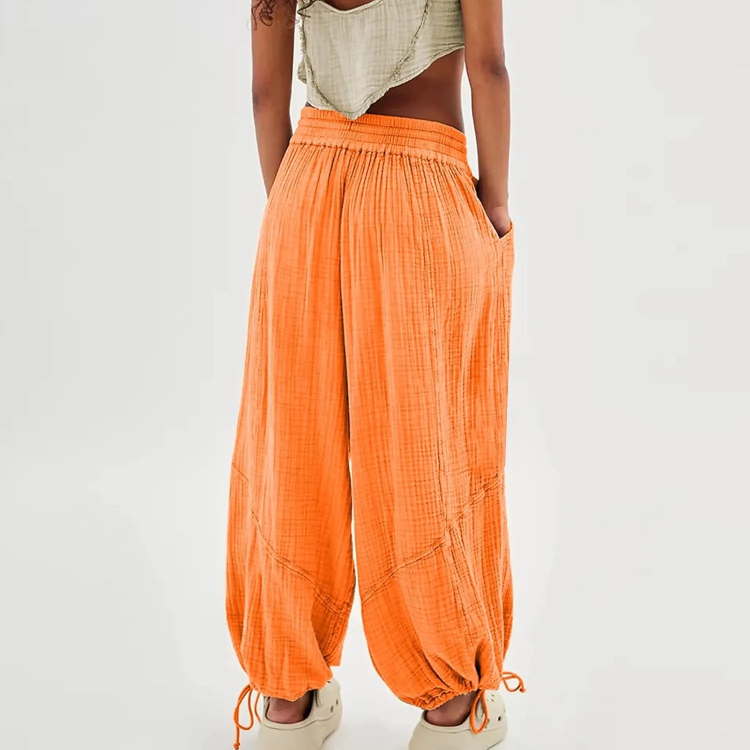 GIERIDUC Womens Casual Loose Fit Wide LegSummer Beach Drawstring Y2K Trendy Baggy Pants Trousers with Pockets