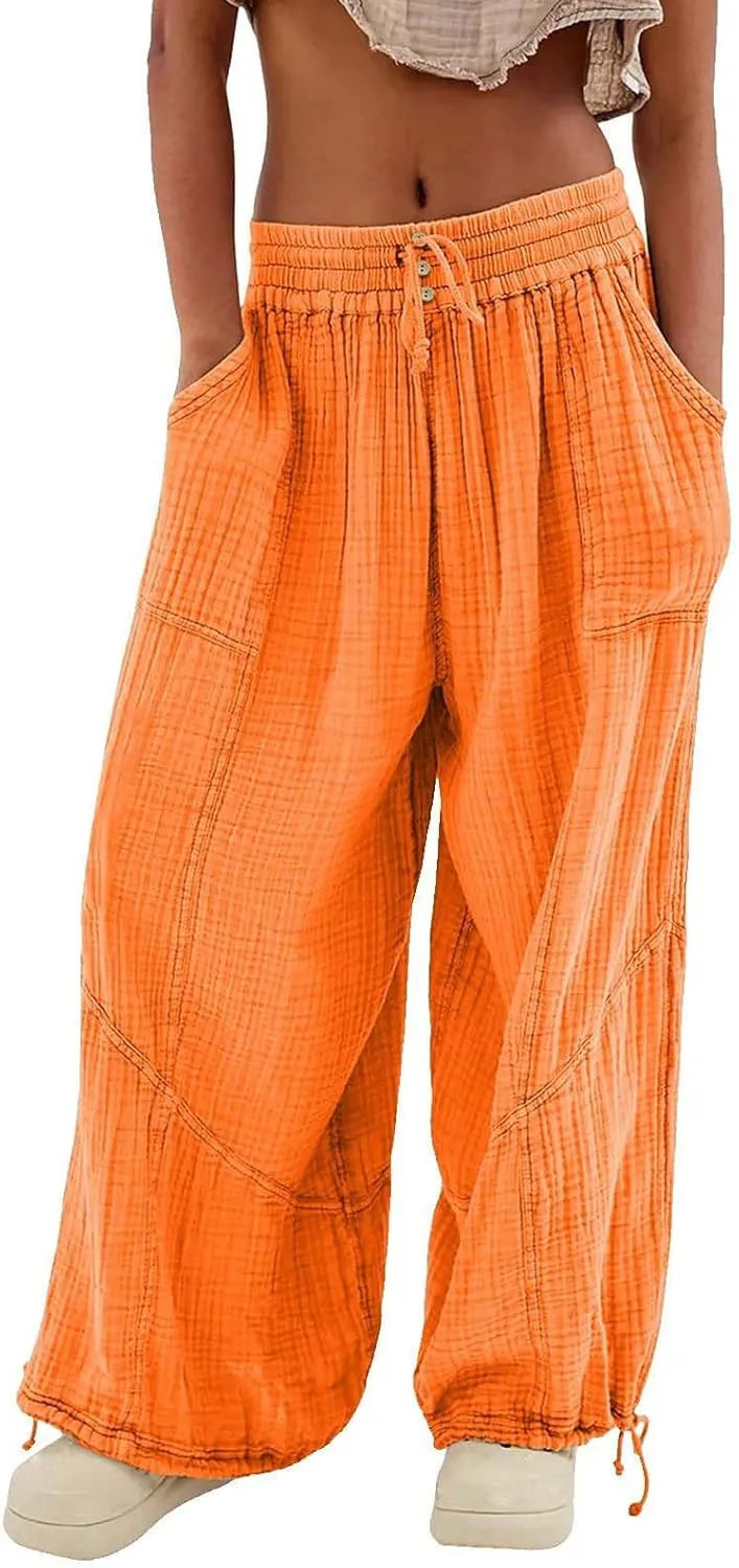 GIERIDUC Womens Casual Loose Fit Wide LegSummer Beach Drawstring Y2K Trendy Baggy Pants Trousers with Pockets
