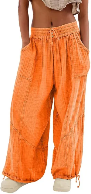 GIERIDUC Womens Casual Loose Fit Wide LegSummer Beach Drawstring Y2K Trendy Baggy Pants Trousers with Pockets
