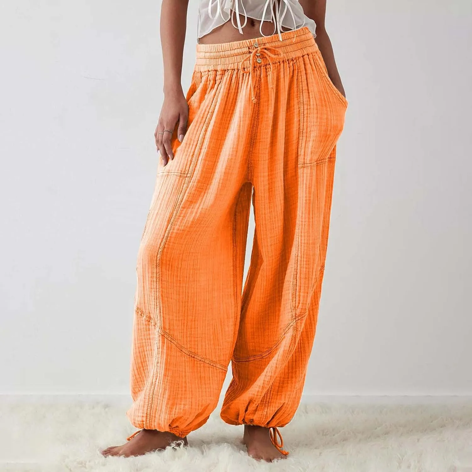 GIERIDUC Womens Casual Loose Fit Wide LegSummer Beach Drawstring Y2K Trendy Baggy Pants Trousers with Pockets