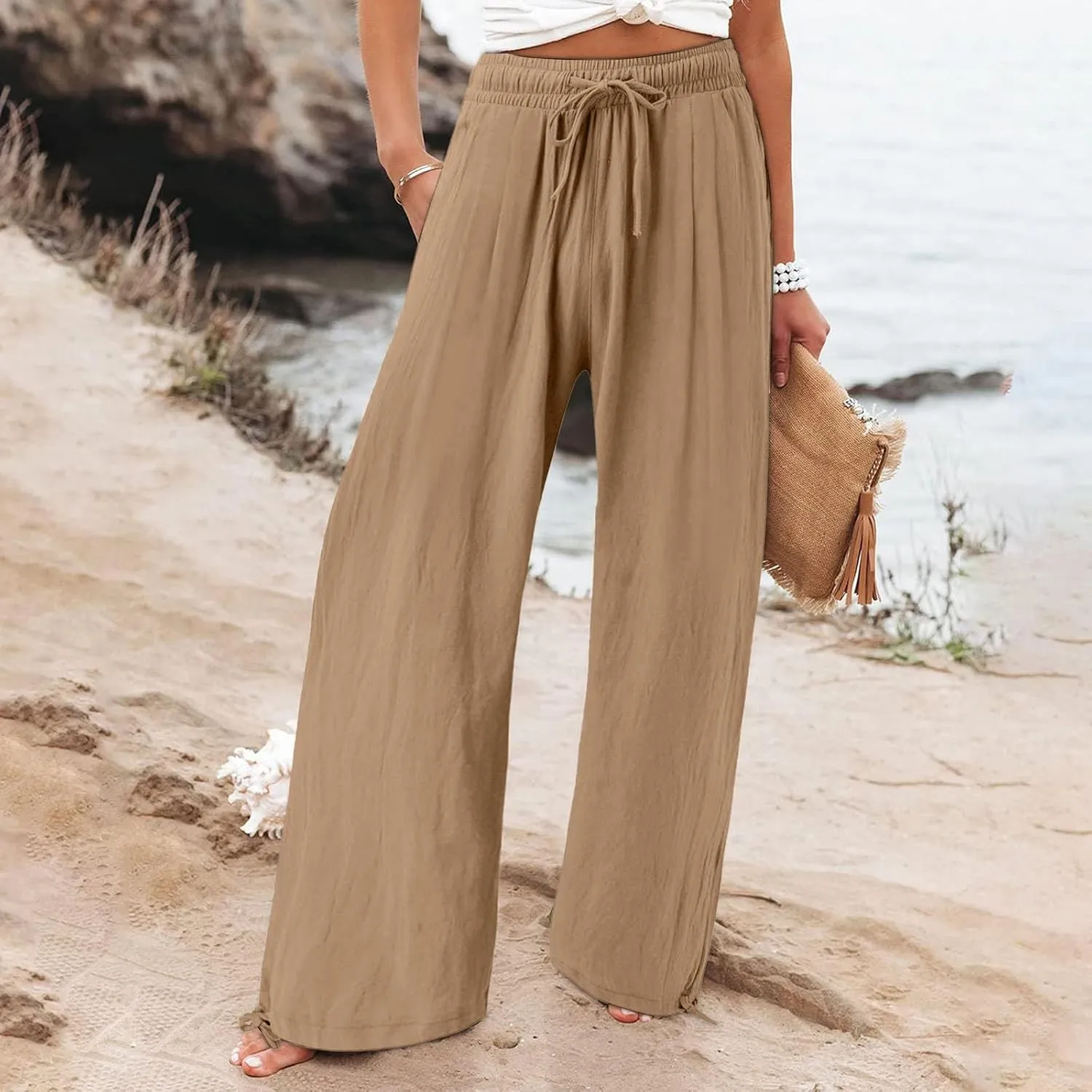 GIERIDUC Womens Linen Pants Casual Loose Wide Leg Business Work Pants for Women Elastic Waist Palazzo Trousers with Pockets