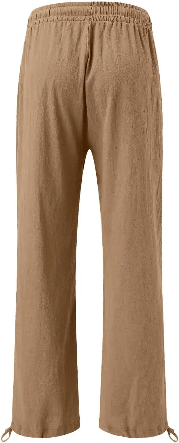 GIERIDUC Womens Linen Pants Casual Loose Wide Leg Business Work Pants for Women Elastic Waist Palazzo Trousers with Pockets