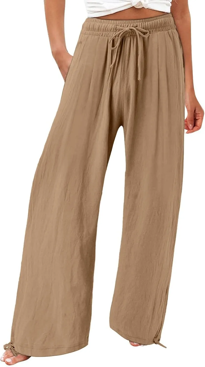 GIERIDUC Womens Linen Pants Casual Loose Wide Leg Business Work Pants for Women Elastic Waist Palazzo Trousers with Pockets