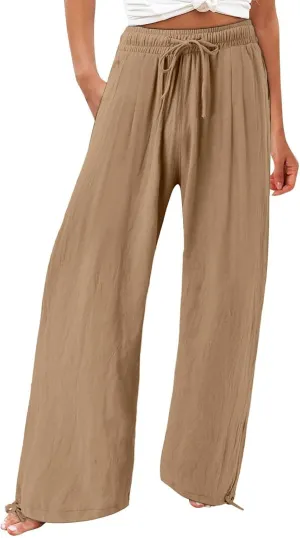 GIERIDUC Womens Linen Pants Casual Loose Wide Leg Business Work Pants for Women Elastic Waist Palazzo Trousers with Pockets