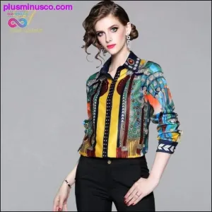 Lady Blusa Turn-down Collar Vintage Print Tops New Elegant
