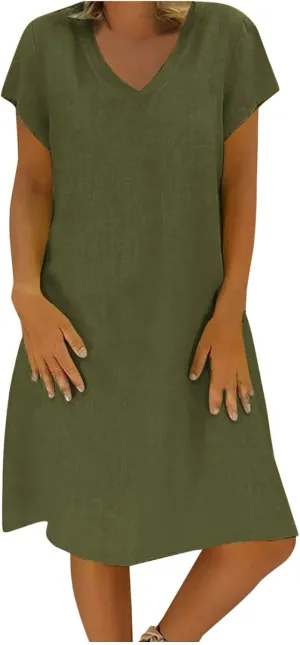 Linen Dresses for Women 2025 Summer Casual V-Neck A Line Dress Trendy Cap Sleeve Sun Dresses Vacation Beach Clothing