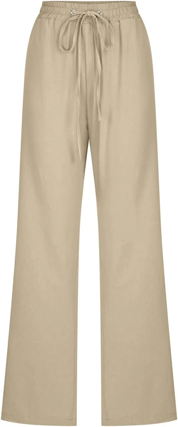 Linen Pants Women Casual Straight Leg Pants High Waist Drawstring Loose Fit Summer Pants Trousers with Pocket
