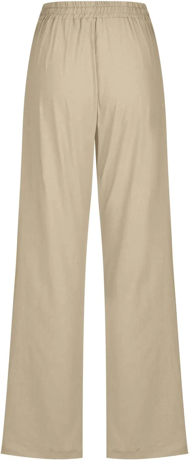 Linen Pants Women Casual Straight Leg Pants High Waist Drawstring Loose Fit Summer Pants Trousers with Pocket