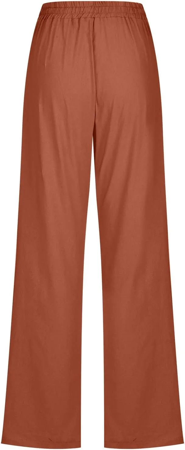Linen Pants Women Casual Straight Leg Pants High Waist Drawstring Loose Fit Summer Pants Trousers with Pocket