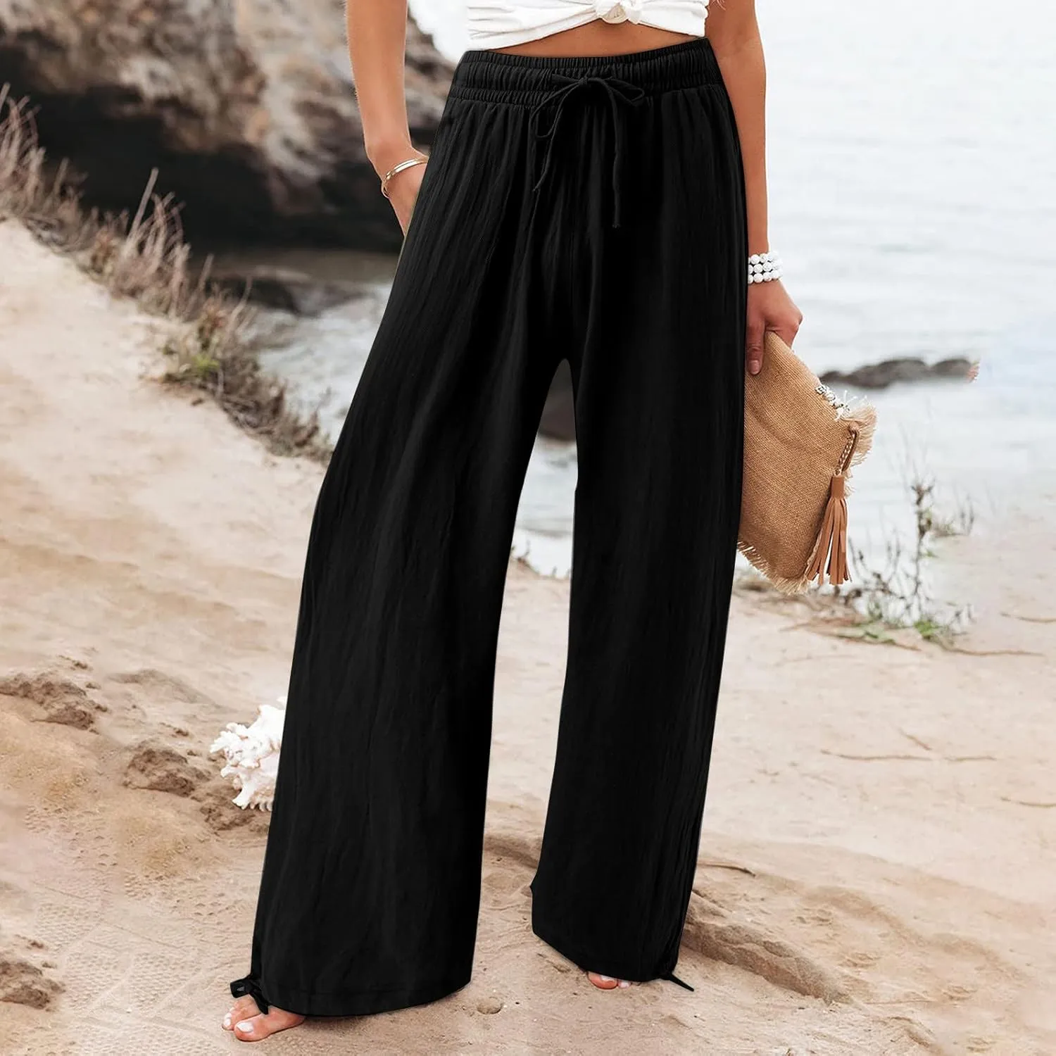 Linen Pants Women Summer Boho Drawstring High Waisted Palazzo Pants Baggy Flowy Wide Leg Lounge Pants with Pockets