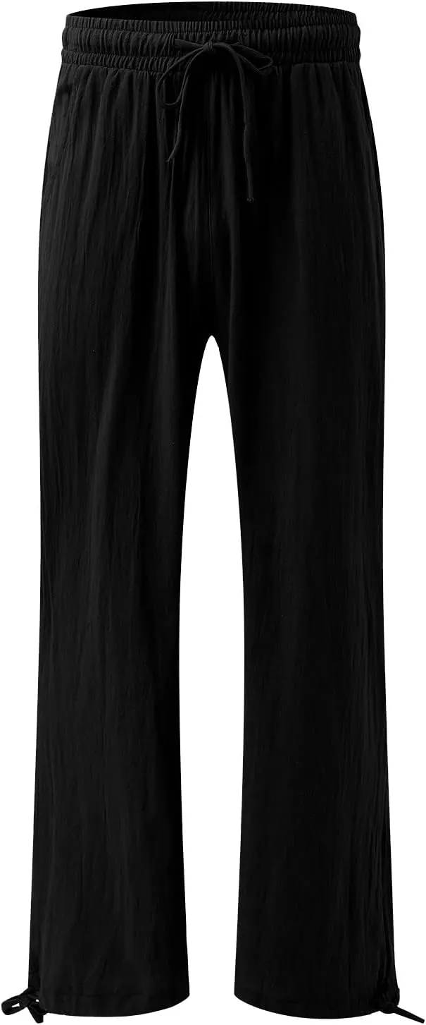 Linen Pants Women Summer Boho Drawstring High Waisted Palazzo Pants Baggy Flowy Wide Leg Lounge Pants with Pockets