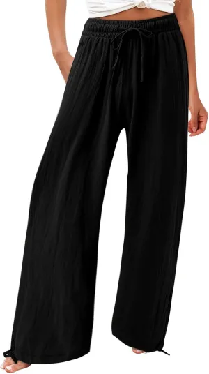 Linen Pants Women Summer Boho Drawstring High Waisted Palazzo Pants Baggy Flowy Wide Leg Lounge Pants with Pockets
