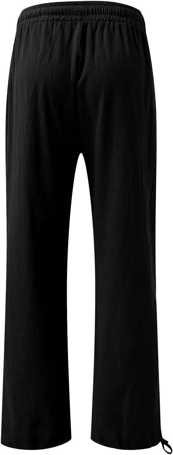 Linen Pants Women Summer Boho Drawstring High Waisted Palazzo Pants Baggy Flowy Wide Leg Lounge Pants with Pockets