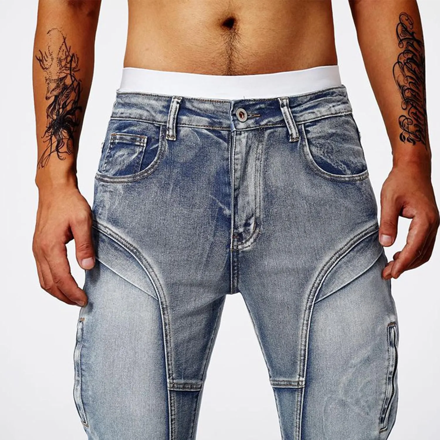 Men's Jeans Pants Fashion Y2k Pachwork Stretch Slim Fit Cargo Denim Trouser Button Zipper Closure Sweatpant