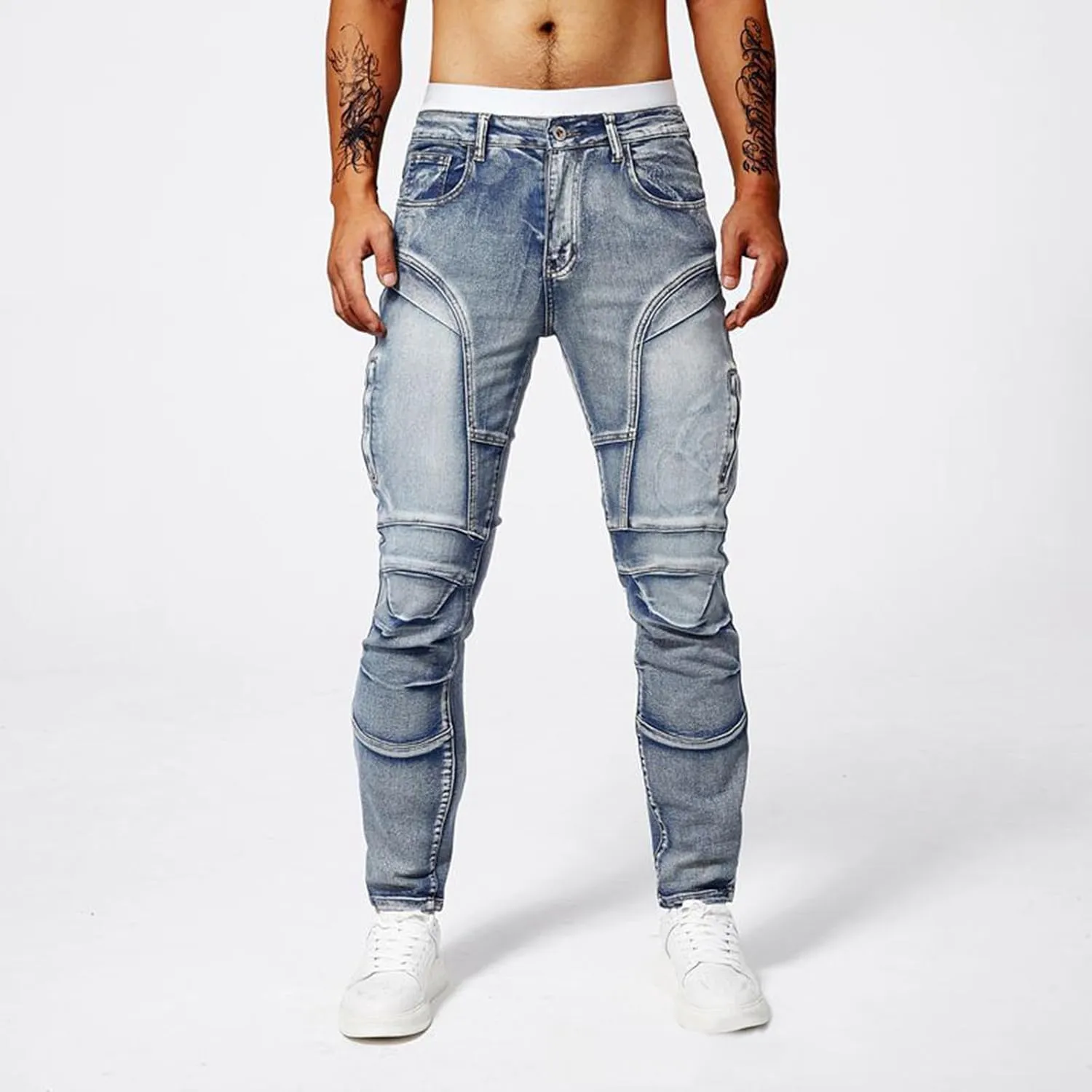 Men's Jeans Pants Fashion Y2k Pachwork Stretch Slim Fit Cargo Denim Trouser Button Zipper Closure Sweatpant
