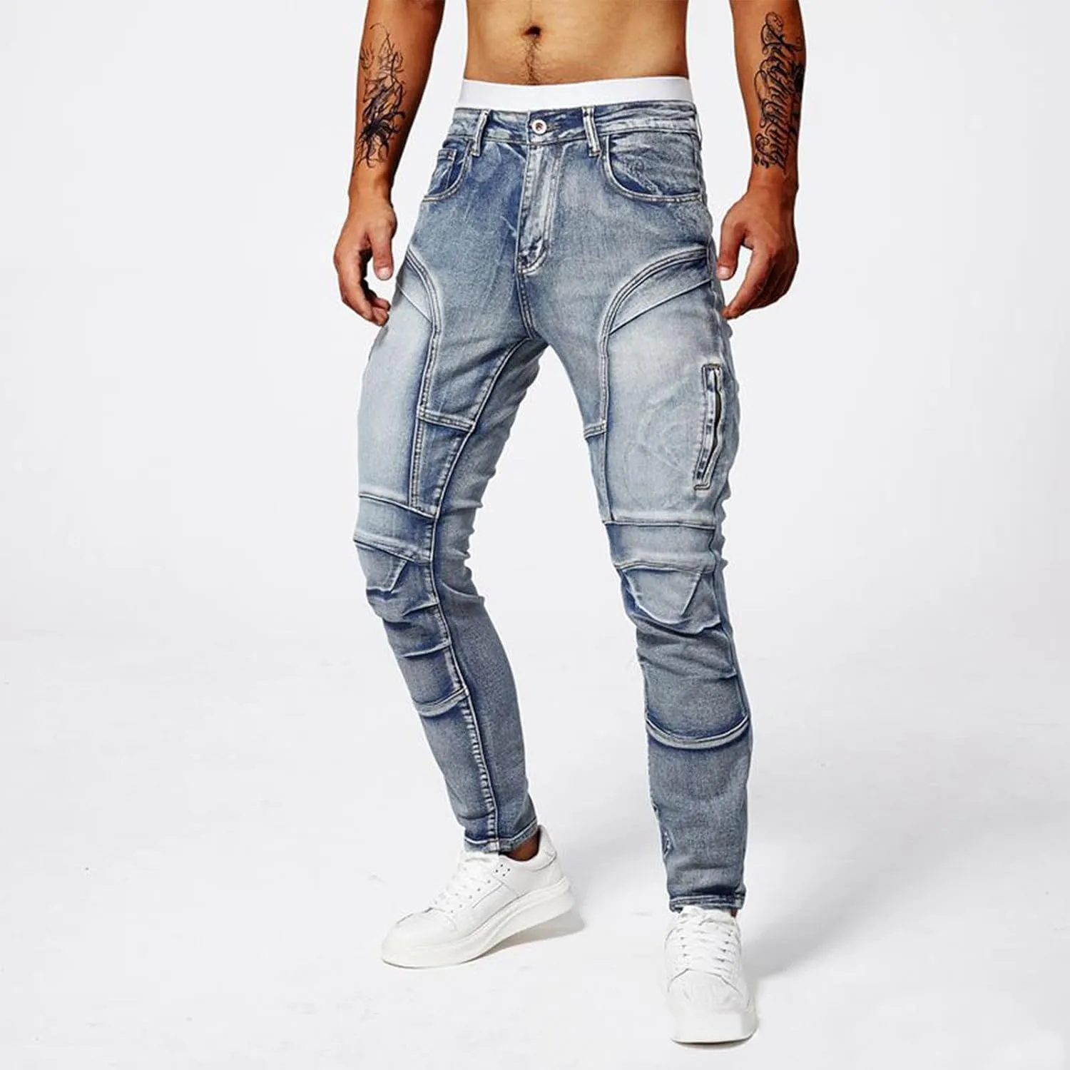 Men's Jeans Pants Fashion Y2k Pachwork Stretch Slim Fit Cargo Denim Trouser Button Zipper Closure Sweatpant
