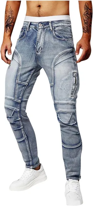Men's Jeans Pants Fashion Y2k Pachwork Stretch Slim Fit Cargo Denim Trouser Button Zipper Closure Sweatpant