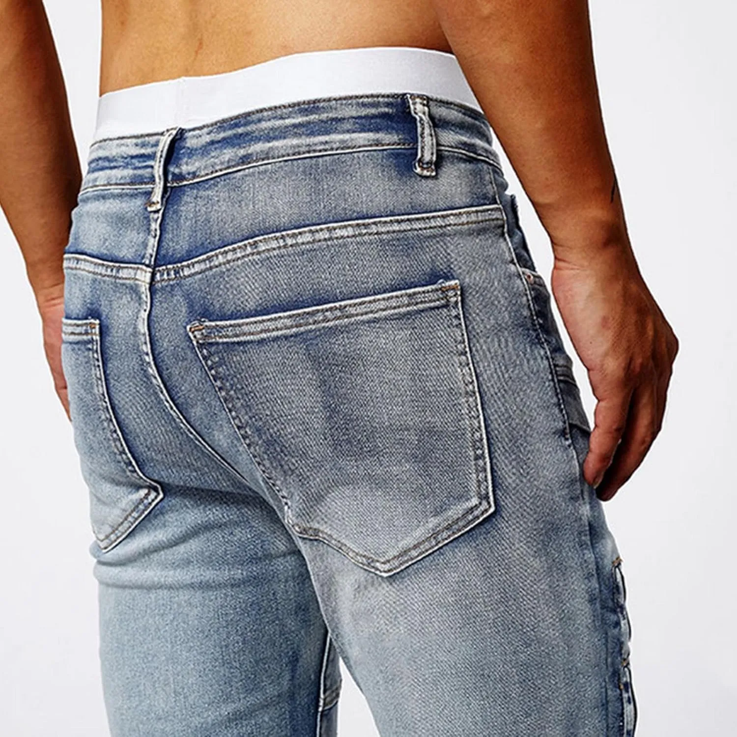 Men's Jeans Pants Fashion Y2k Pachwork Stretch Slim Fit Cargo Denim Trouser Button Zipper Closure Sweatpant