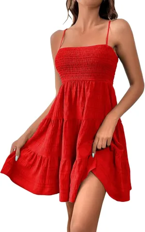 Mini Dresses for Women Smocked Square Neck Spaghetti Strap Skater Dress Summer Loose Comfy Tiered Ruffle Sundress