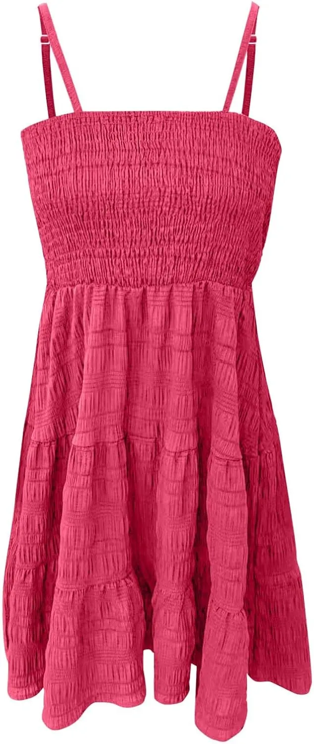 Mini Dresses for Women Smocked Square Neck Spaghetti Strap Skater Dress Summer Loose Comfy Tiered Ruffle Sundress