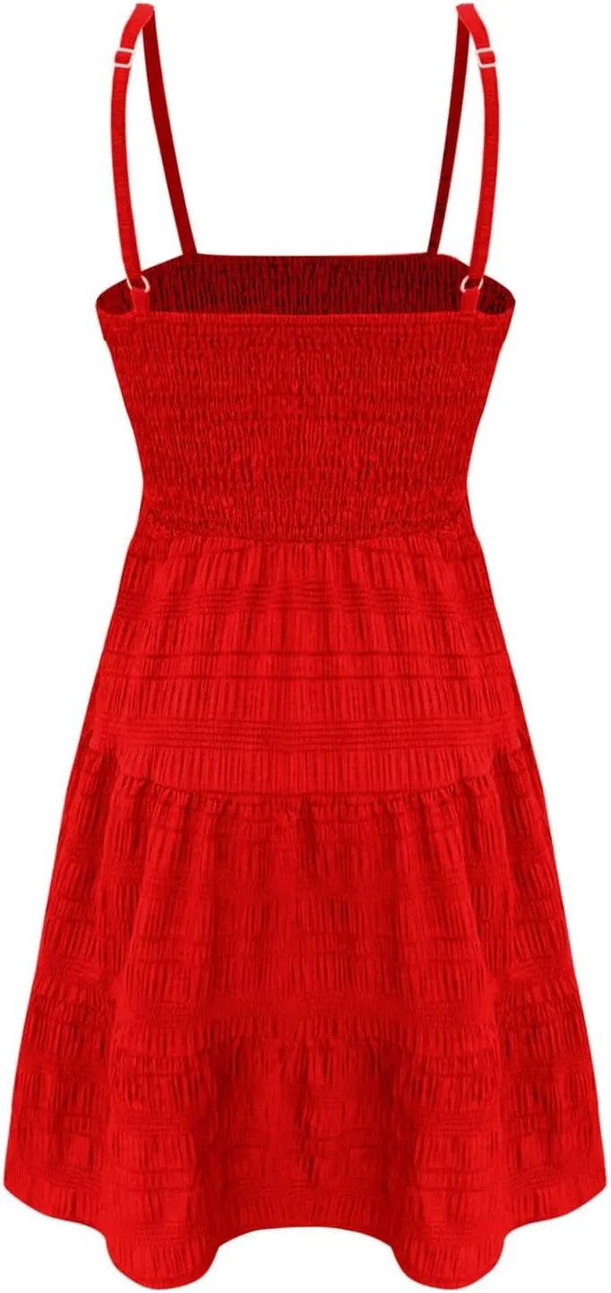 Mini Dresses for Women Smocked Square Neck Spaghetti Strap Skater Dress Summer Loose Comfy Tiered Ruffle Sundress