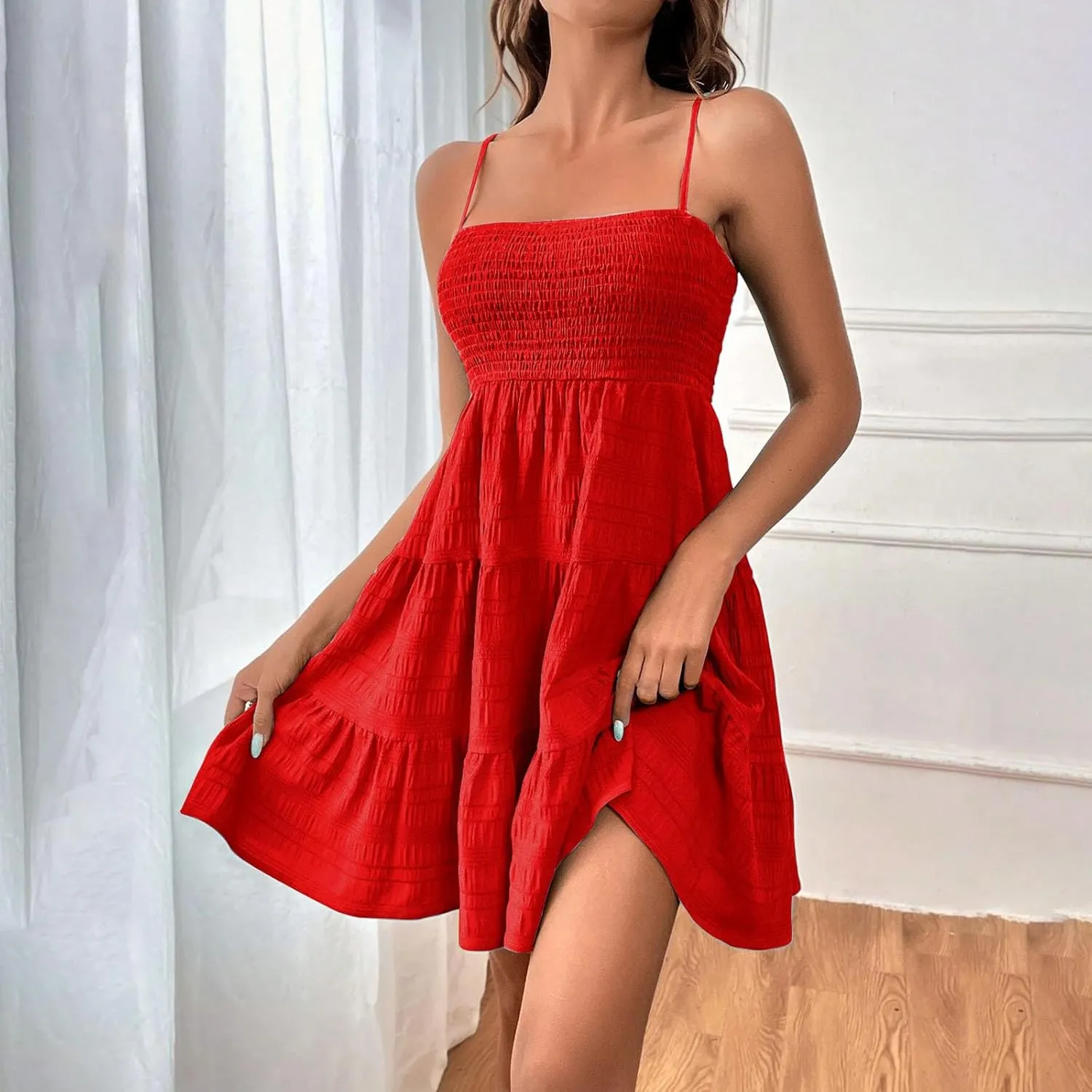 Mini Dresses for Women Smocked Square Neck Spaghetti Strap Skater Dress Summer Loose Comfy Tiered Ruffle Sundress