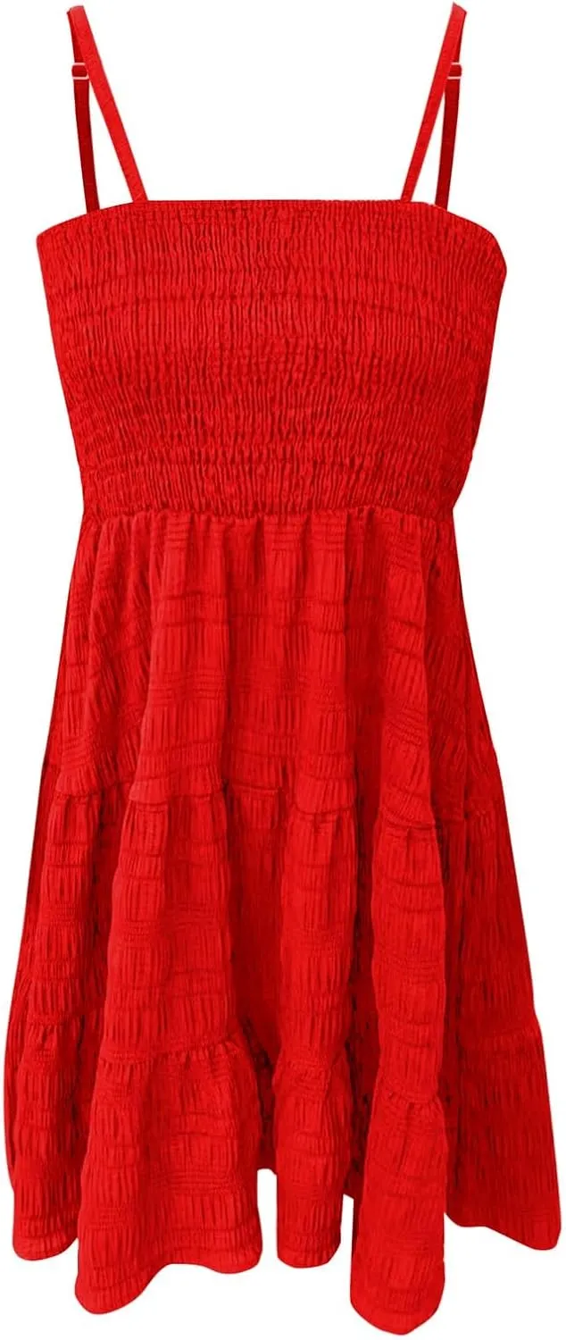 Mini Dresses for Women Smocked Square Neck Spaghetti Strap Skater Dress Summer Loose Comfy Tiered Ruffle Sundress