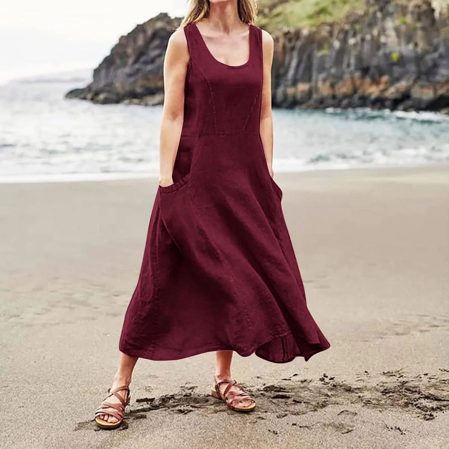 Plus Size Dresses for Curvy Women Summer Casual Sleeveless Cotton Sun Dress Maxi Tunic Tank Beach Dress with Pocket