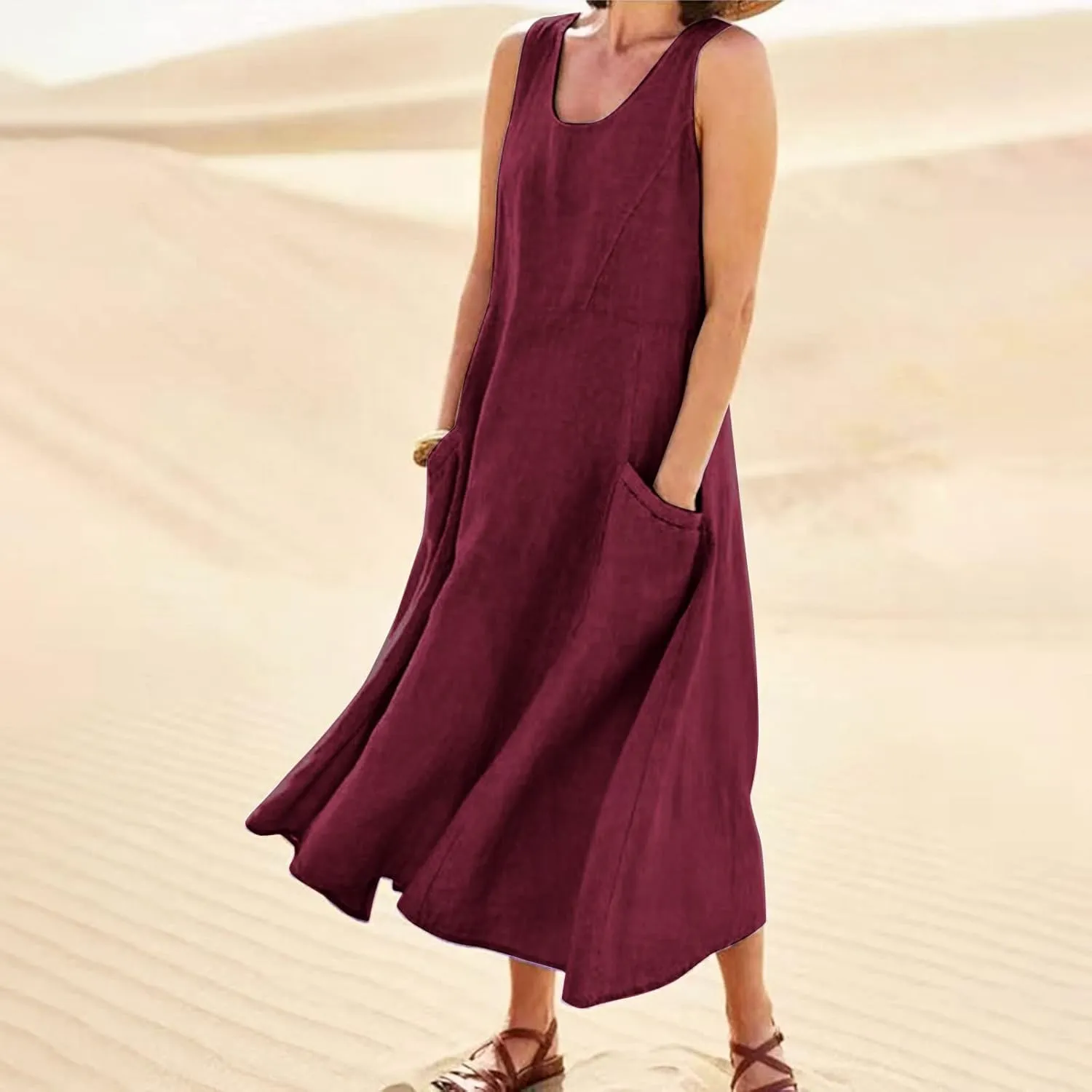 Plus Size Dresses for Curvy Women Summer Casual Sleeveless Cotton Sun Dress Maxi Tunic Tank Beach Dress with Pocket