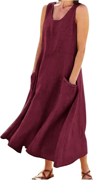 Plus Size Dresses for Curvy Women Summer Casual Sleeveless Cotton Sun Dress Maxi Tunic Tank Beach Dress with Pocket