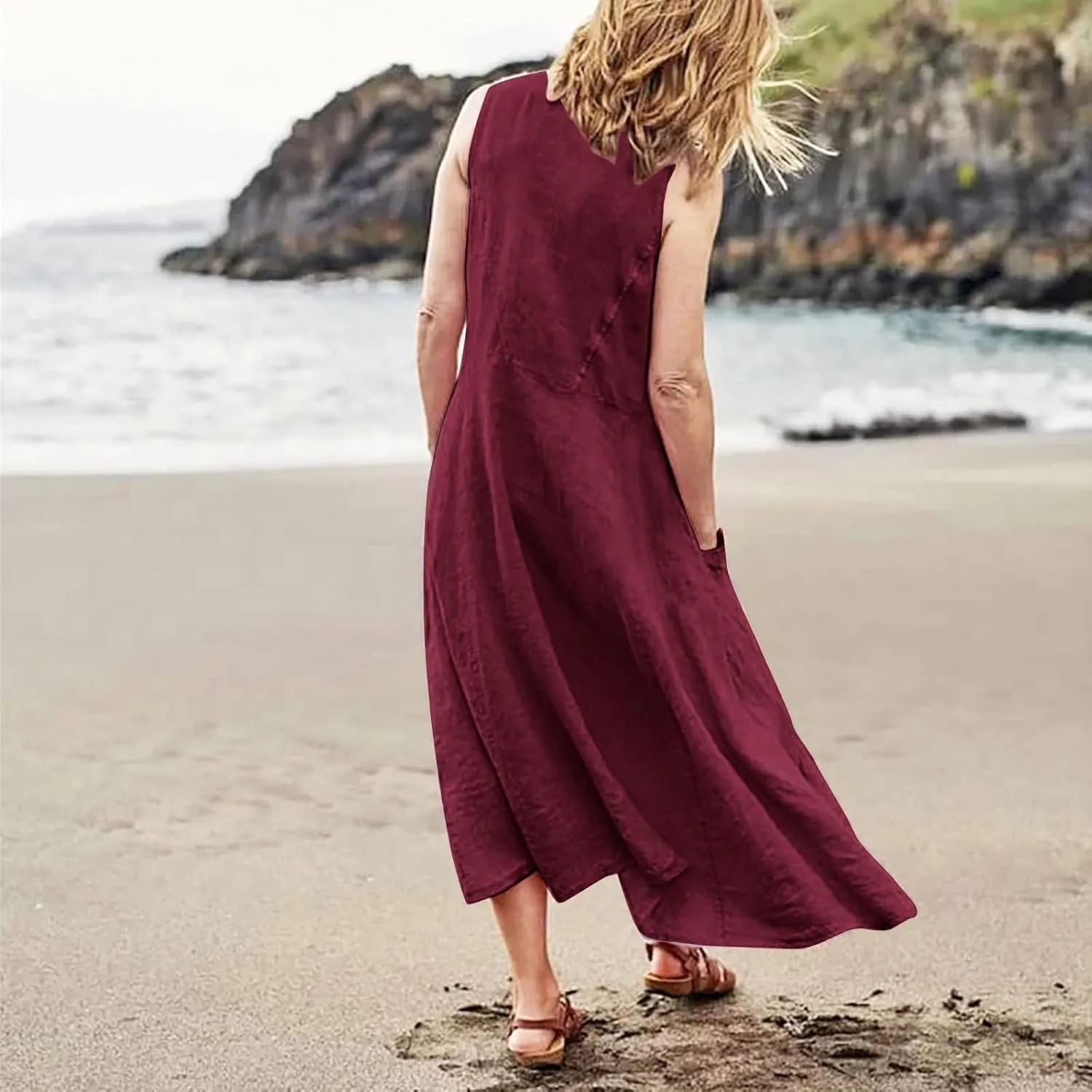 Plus Size Dresses for Curvy Women Summer Casual Sleeveless Cotton Sun Dress Maxi Tunic Tank Beach Dress with Pocket