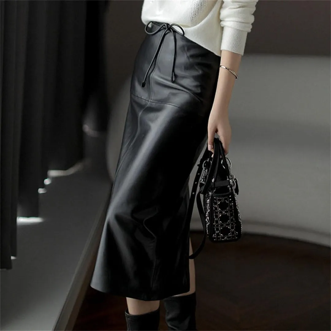 Pulcykp Women Solid Leather Midi Skirts High Waist Pencil Skirts Belt Mid Long Bodycon Slim Fit Skirt