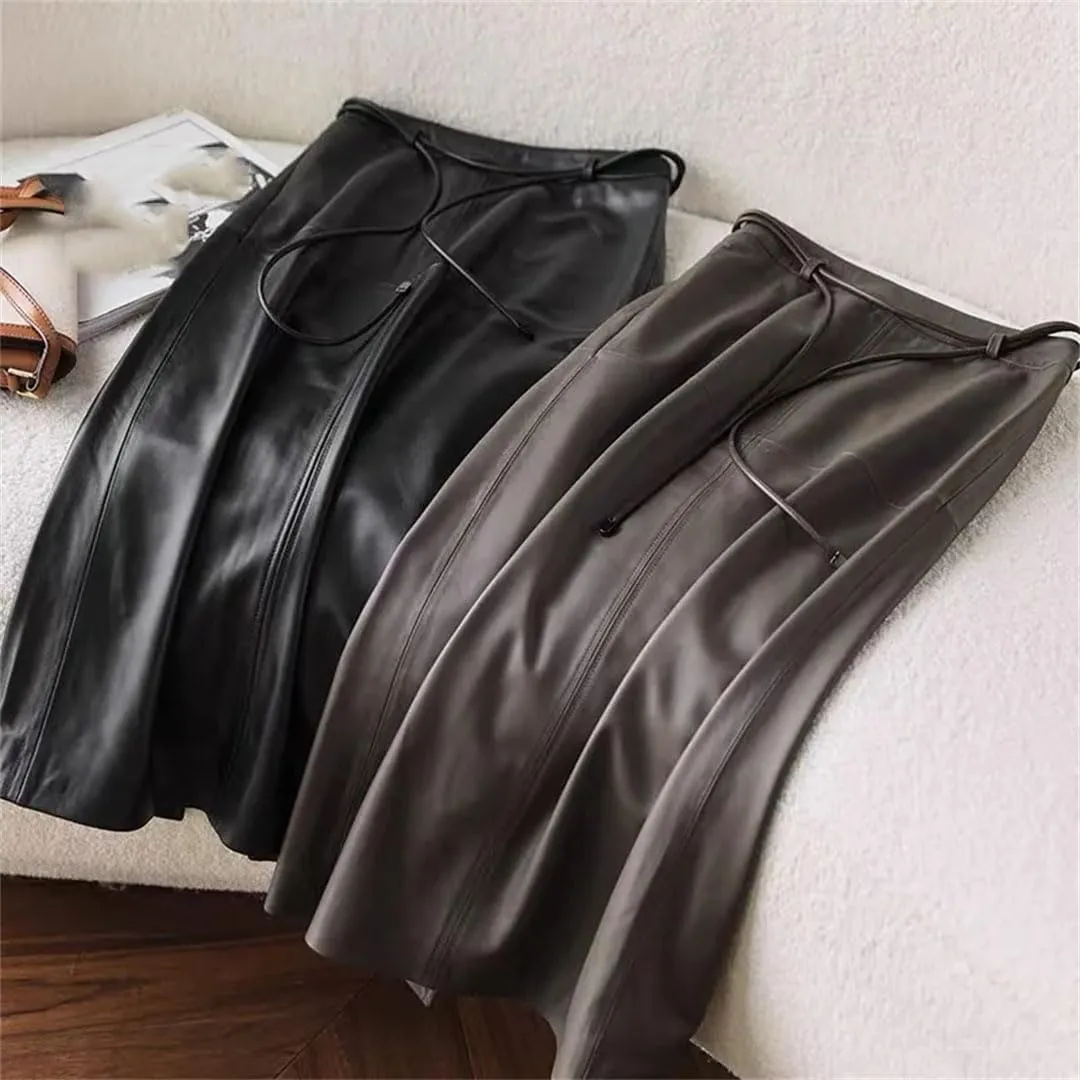 Pulcykp Women Solid Leather Midi Skirts High Waist Pencil Skirts Belt Mid Long Bodycon Slim Fit Skirt