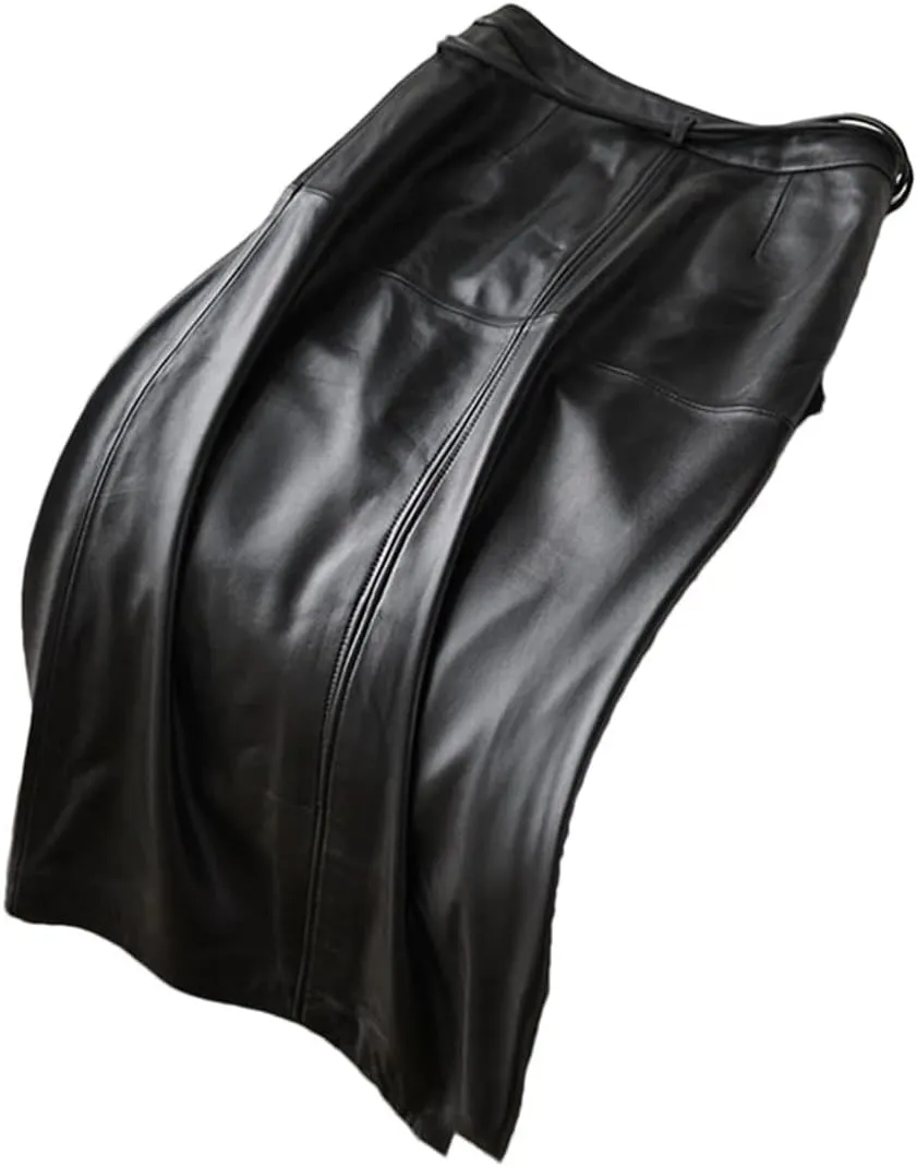 Pulcykp Women Solid Leather Midi Skirts High Waist Pencil Skirts Belt Mid Long Bodycon Slim Fit Skirt