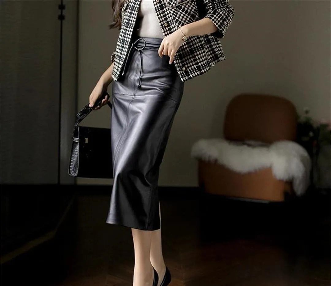 Pulcykp Women Solid Leather Midi Skirts High Waist Pencil Skirts Belt Mid Long Bodycon Slim Fit Skirt