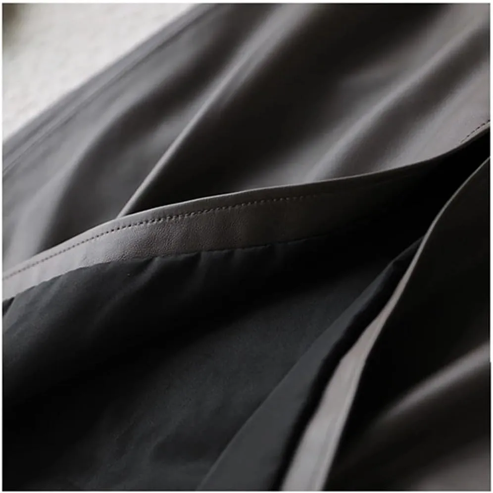 Pulcykp Women Solid Leather Midi Skirts High Waist Pencil Skirts Belt Mid Long Bodycon Slim Fit Skirt