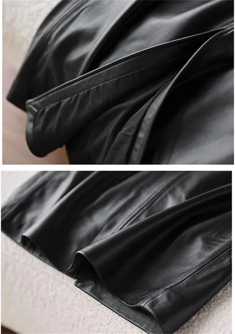 Pulcykp Women Solid Leather Midi Skirts High Waist Pencil Skirts Belt Mid Long Bodycon Slim Fit Skirt