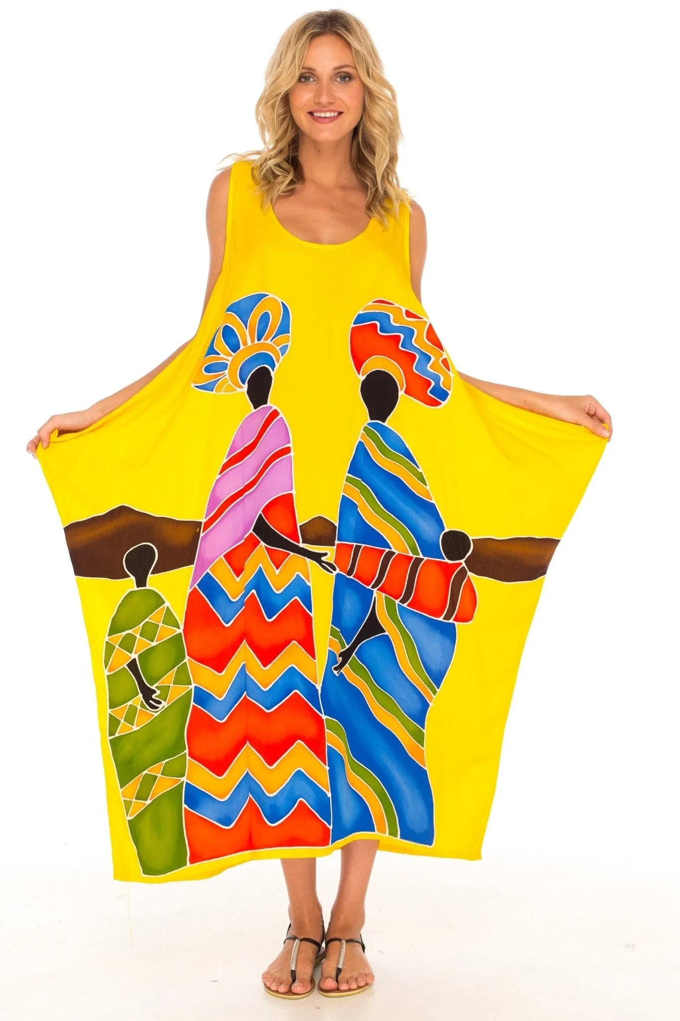 SHU-SHI Women's Handpainted Casual Beach Cover-up Loose Tank Sundress for Summer