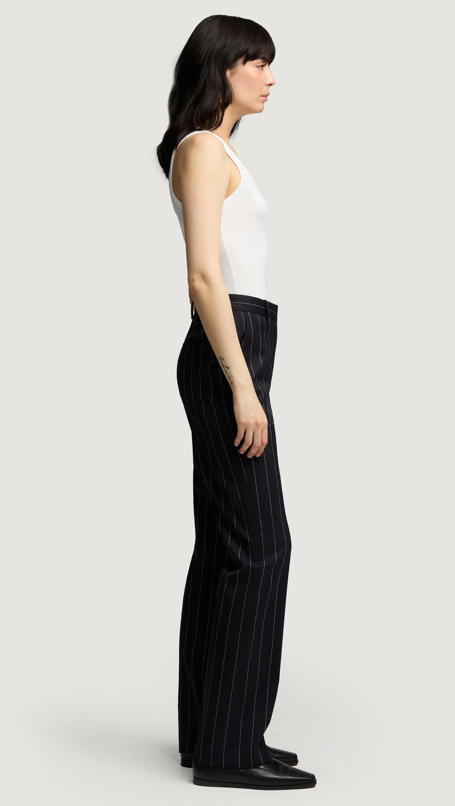 Straight Leg Trouser in Stretch Wool | Navy Pinstripe