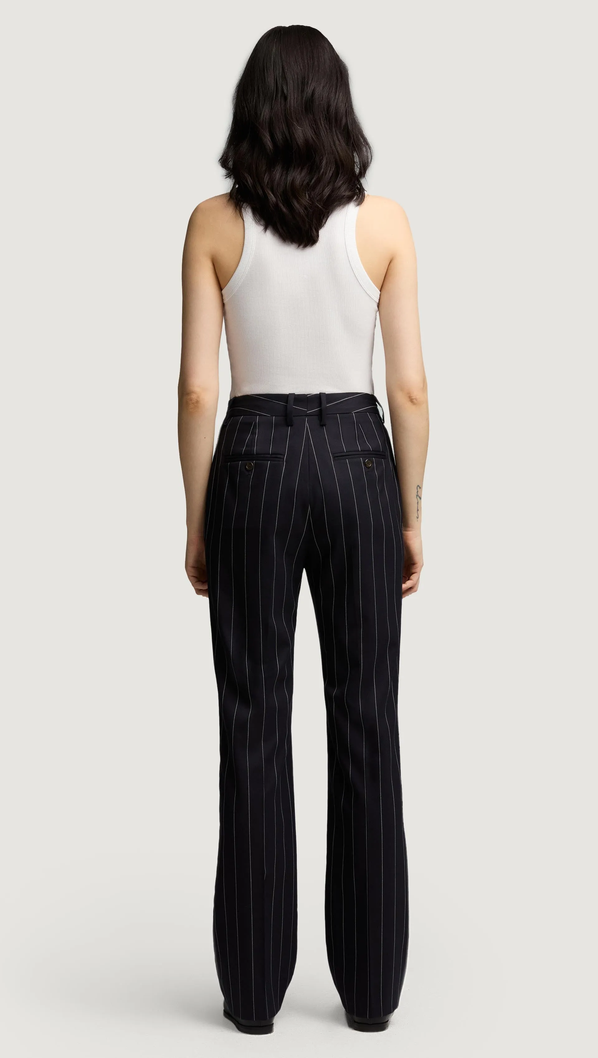 Straight Leg Trouser in Stretch Wool | Navy Pinstripe