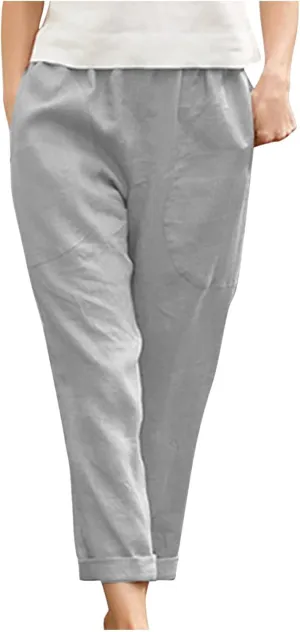 Summer Casual Cotton Linen Pants for Women Elastic Waist Loose Straight Leg Trousers Holiday Vacation Beach Pants