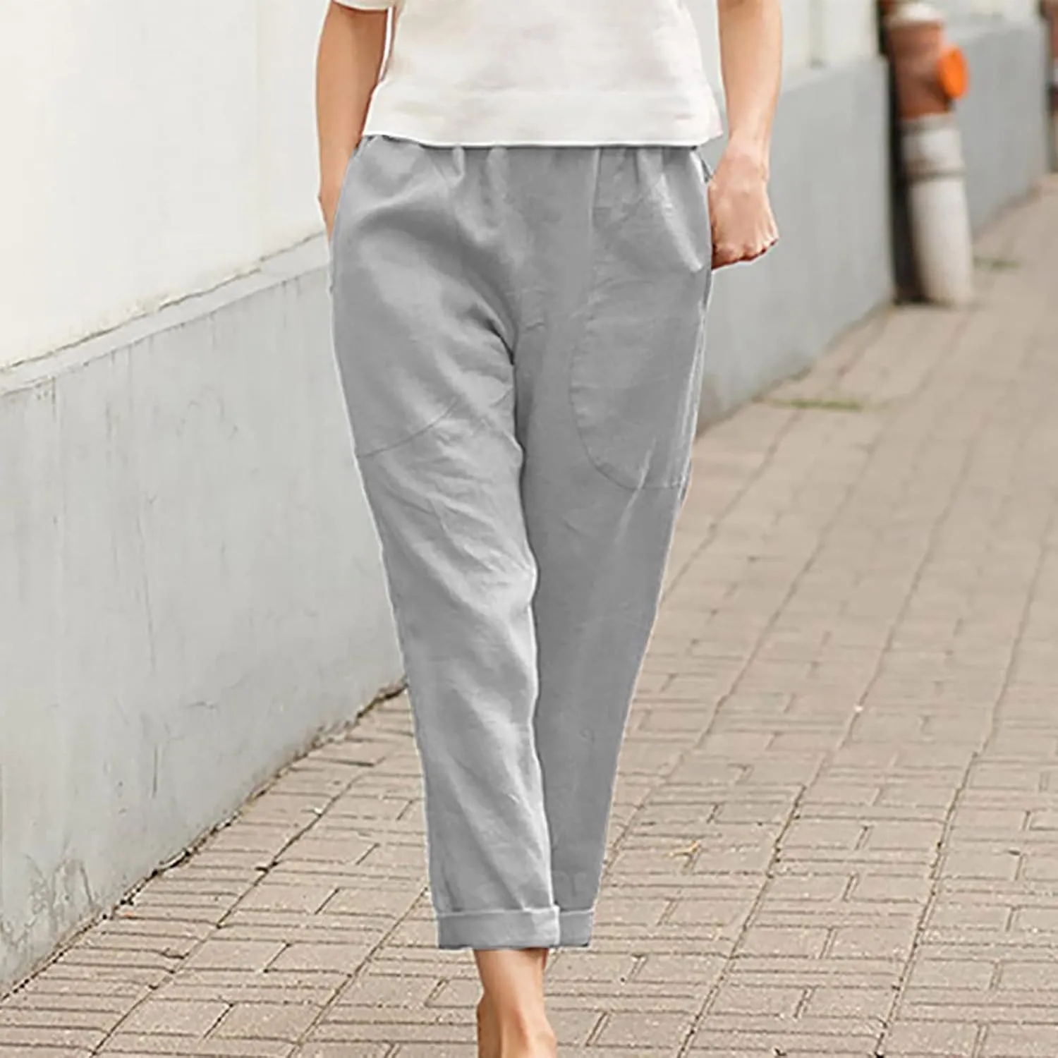 Summer Casual Cotton Linen Pants for Women Elastic Waist Loose Straight Leg Trousers Holiday Vacation Beach Pants