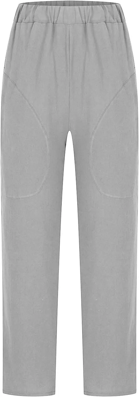 Summer Casual Cotton Linen Pants for Women Elastic Waist Loose Straight Leg Trousers Holiday Vacation Beach Pants