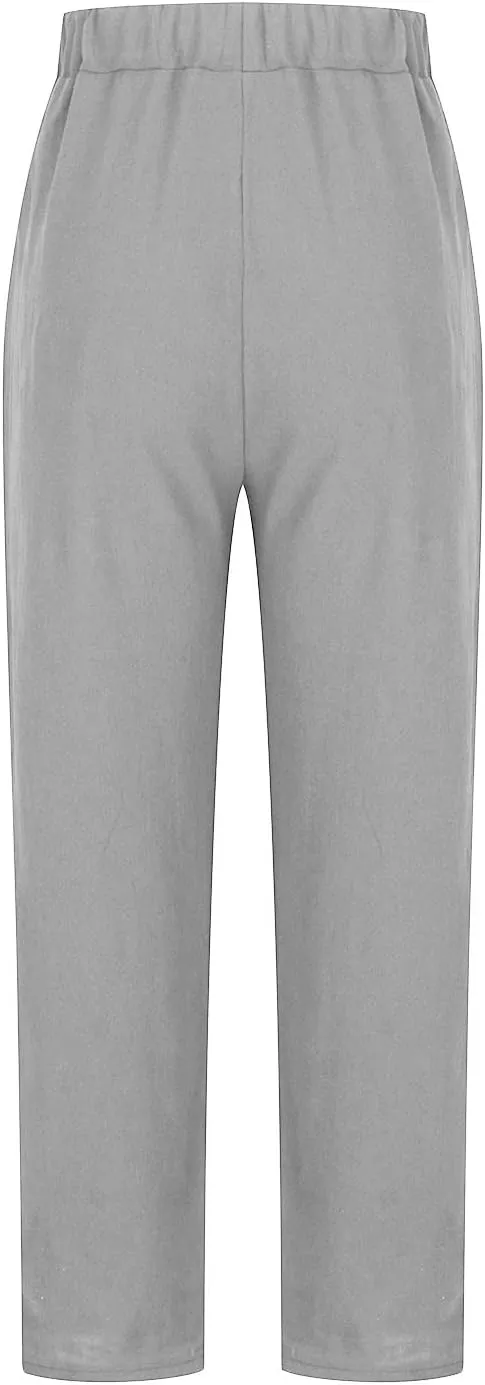 Summer Casual Cotton Linen Pants for Women Elastic Waist Loose Straight Leg Trousers Holiday Vacation Beach Pants
